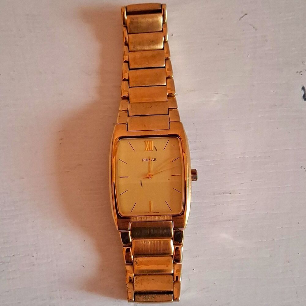 Pulsar men's Gold Tone Rectangle Battery Quartz Bracelet Watch Water-Resistant